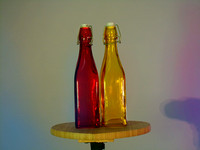 blue pink, red yellow bottle